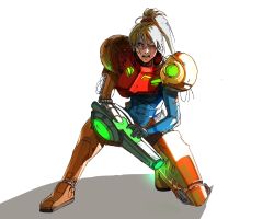  1boy arm_cannon armor battle_damage blonde_hair blood blood_on_face blue_bodysuit bodysuit commentary fighting_stance highres long_hair metroid metroid_ravenous ponytail power_armor power_suit_(metroid) raph_mavrost samus_aran simple_background skin_tight solo weapon white_background 