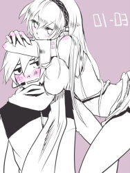  1boy 1girl amenbomenba blush breast_press breasts couple headphones headset hetero kaito_(vocaloid) large_breasts long_hair megurine_luka monochrome scarf vocaloid 