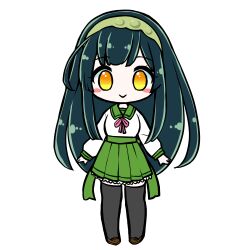  1girl :> absurdres ahoge arms_at_sides black_thighhighs blush_stickers brown_shoes chibi chibi_only closed_mouth edomura_niniko full_body green_hair green_hairband green_sailor_collar green_skirt hairband highres long_hair long_sleeves looking_at_viewer neck_ribbon official_art pink_ribbon pleated_skirt ribbon sailor_collar second-party_source shirt shoes simple_background skirt smile solo standing thigh-highs touhoku_zunko transparent_background very_long_hair voiceroid white_shirt zettai_ryouiki 