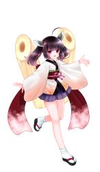  1girl absurdres ahoge black_sandals blunt_bangs brown_hair edomura_niniko full_body hand_up headgear highres japanese_clothes kimono kiritanpo_(food) long_hair long_sleeves looking_at_viewer obi official_art okobo open_mouth platform_sandals purple_sash red_eyes sandals sash second-party_source simple_background smile socks solo standing standing_on_one_leg tabi touhoku_kiritan transparent_background twintails voiceroid white_kimono white_socks wide_sleeves 
