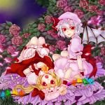  2girls bat_wings blonde_hair blue_hair flandre_scarlet flower gem multiple_girls red_eyes remilia_scarlet rose siblings sisters touhou vampire wings xiaojie 