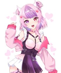  1girl :d arm_tattoo choker commentary demon_girl double_bun hair_bun hair_ornament hanae_(artist) heart heart_hair_ornament heart_o-ring heart_ring_choker heterochromia highres horns ironmouse ironmouse_(15th_costume) jacket looking_at_viewer multicolored_hair o-ring o-ring_choker pink_choker pink_hair pink_jacket purple_hair red_eyes short_hair skirt smile spiked_choker spikes streaked_hair tattoo untranslatable_commentary violet_eyes virtual_youtuber vshojo white_horns 