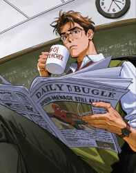  1boy bodysuit brown_eyes brown_hair chalkboard classroom clock closed_mouth collared_shirt cowboy_shot cropped_legs crossed_legs cup english_text etceteraart furrowed_brow glasses highres holding holding_cup holding_newspaper indoors layered_clothes marvel math newspaper peter_parker red_bodysuit shirt short_hair sitting sleeves_rolled_up solo_focus spider-man spider-man:_brand_new_day spider-man_(series) sweater_vest wall_clock watch watch white_shirt 