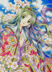  1girl artist_name blue_hair bud cherry_blossoms colored_pencil_(medium) curtained_hair falling_petals floral_print floral_print_kimono flower green_eyes green_hair hair_ornament hair_rings hands_up japanese_clothes kimono layered_kimono looking_at_viewer multicolored_hair original parted_lips petals pink_flower pink_petals print_kimono purple_hair red_kimono smile solo suzumame traditional_media upper_body white_kimono wide_sleeves 