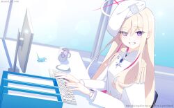  1girl aiguillette beret blonde_hair blonde_student_council_president_(blue_archive) blue_archive capelet commentary_request computer_keyboard computer_mouse cup desk epaulettes from_side grin halo hat highres indoors jacket lipstick_mark long_hair looking_at_viewer looking_to_the_side monitor mug multicolored_hair multicolored_halo murasame_(sword_of_nmkr) origami paper_crane pink_streaks red_halo shoulder_strap single_epaulette sitting smile solo streaked_hair two-tone_hair two-tone_halo upper_body violet_eyes watch watch watermark white_capelet white_hat white_jacket yellow_halo 