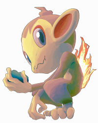  absurdres blue_eyes chimchar commentary_request eating fire food highres holding holding_food looking_at_viewer monkey no_humans pokemon pokemon_(creature) pokemon_focus solo white_background yomagntho9q9q 