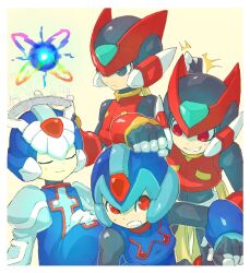  4boys armor black_eyes blonde_hair blue_armor blue_helmet closed_eyes commentary_request copy_x_(mega_man) cyber-elf_x_(mega_man) forehead_jewel group_picture halo helmet highres long_hair male_focus maro_maronomaro mega_man_(series) mega_man_zero_(series) mega_man_zero_1 mega_man_zero_3 multiple_boys omega_(mega_man) omega_(third_form)_(mega_man) red_armor red_eyes red_helmet trait_connection x_(mega_man) zero(z)_(mega_man) zero_(mega_man) 