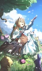  1boy 2girls 6+girls absurdres ahoge animalization annytf aqua_bow aqua_bowtie aqua_ribbon arm_up bare_shoulders black_dress blue_sky bow bowtie broken_heart broken_heart_hair_ornament brown_hair bug butterfly camila_inpu cat cerber_(vtuber) closed_eyes commentary commission cottontail_(vtuber) day dog dress english_commentary evil_neuro-sama filian_(vtuber) fox full_body grass grey_shoes hair_ornament hair_ribbon heart heart_hair_ornament highres indie_virtual_youtuber kapxapius koko_d._nuts long_dress long_hair long_sleeves lying minikomew monkey multiple_girls neuro-sama never_(neuro-sama) off-shoulder_dress off_shoulder official_alternate_costume on_side open_mouth outdoors rabbit red_ribbon ribbon shoes siblings sisters sky tree turtle twins vedal987 vedal_ai white_butterfly white_dress 