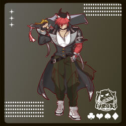  1boy animal_ears black_hair colored_bangs commentary_request dog_boy dog_ears faceless faceless_male full_body green_background green_pants hand_in_pocket highres holding holding_sword holding_weapon jacket komano_manato male_focus multicolored_hair muscular muscular_male nightleave1030 over_shoulder pants pectorals red_hair scar scar_on_chest scar_on_face shirt shoes short_hair solo spiked_jacket sword tail two-tone_hair weapon weapon_over_shoulder white_shirt white_shoes zenless_zone_zero 