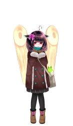  1girl absurdres ahoge bag black_pantyhose boots bow brown_boots brown_coat brown_hair brown_skirt buttons coat double-breasted edomura_niniko full_body fur-trimmed_sleeves fur_trim hair_bow hands_up headgear highres kiritanpo_(food) lace-up_boots long_sleeves official_art pantyhose parted_lips pink_bow pleated_skirt second-party_source short_hair simple_background skirt sleeves_past_wrists solo standing touhoku_kiritan transparent_background utau voiceroid winter_clothes zundamon zundamon_(utau) 