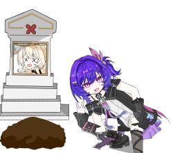 2girls animal_ears arm_support artist_request asymmetrical_legwear bad_anatomy bad_hands bare_shoulders belt_buckle black_boots black_camisole black_choker black_jacket black_neckwear black_shirt black_shorts black_sleeves blonde_hair blue_jacket blue_ribbon blush blush_stickers bone bone_hair_ornament bone_print boots bow bracelet buckle buttons camisole cat_ears choker collar commentary_request detached_sleeves diamond_(shape) diamond_button dot_nose double-parted_bangs earth eyelashes fang floral_print flower garter_belt genshin_impact gold_trim gradient_ribbon grant_gustin_next_to_oliver_queen's_grave_(meme) grave graveyard grey_socks grey_thighhighs hair_between_eyes hair_bow hair_intakes hair_ornament hairclip high_heels highres jacket klee_(genshin_impact) kneehighs layered_clothes long_hair looking_at_viewer non-web_source one_side_up open_mouth pink_bow pink_eyes pink_pupils pink_ribbon pointy_ears prune_(genshin_impact) purple_eyes purple_hair purple_ribbon red_flower ribbed_shirt ribbon screw screw_hair_ornament shirt short_hair shorts sidelocks simple_background skin_fang sleeveless smile socks source_request squatting swept_bangs thighhighs tongue turtleneck undershirt v white_background white_shirt white_socks x-shaped_pupils