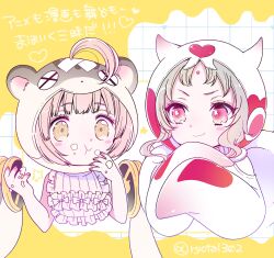  2girls absurdres animal_hood cherna_mouse clio commentary_request eating grey_hair highres hood magical_girl mahou_shoujo_ikusei_keikaku mahou_shoujo_ikusei_keikaku_f2p mahou_shoujo_ikusei_keikaku_restart multiple_girls pink_eyes pink_hair short_hair smile translation_request white_hood yellow_eyes yuzuki_ryouta 