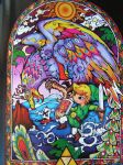  bird black_eyes blonde_hair boat boots cloud glass hat highres link moon nintendo ocean official_art pointy_ears shield stained_glass star sun sword the_legend_of_zelda toon_link triforce weapon 