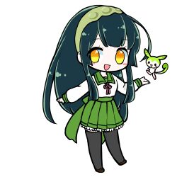  1girl :d absurdres black_thighhighs blush_stickers brown_shoes chibi chibi_only edomura_niniko full_body green_hair green_hairband green_sailor_collar green_skirt hairband hand_up highres long_hair long_sleeves looking_at_viewer neck_ribbon official_art open_mouth pink_ribbon pleated_skirt ribbon sailor_collar school_uniform second-party_source serafuku shirt shoes simple_background skirt smile solo standing thigh-highs touhoku_zunko transparent_background utau very_long_hair voiceroid white_shirt zundamon zundamon_(utau) 