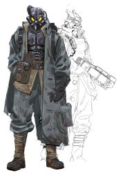  1other absurdres ambiguous_gender armor belt_bag black_gloves boots coat enclave_(fallout) fallout gloves green_coat green_pants helmet highres milky_onion multiple_views original other_focus pants power_armor science_fiction simple_background sketch_inset white_background 
