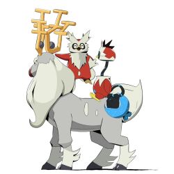  ^_^ antlers closed_eyes closed_mouth commentary delibird from_side full_body highres horns iron_bundle long_neck no_humans non-humanoid_robot open_mouth pokemon pokemon_(creature) pokemon_focus psaber97 riding riding_pokemon robot simple_background smile white_background wyrdeer 