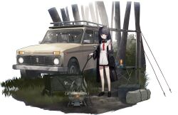  1girl animal_ears bare_legs belt_collar black_coat black_eyes black_hair black_shoes callsign:_cedar camping coat collar crate expressionless game_asset highres kettle lada_(car) loafers long_hair long_sleeves murphy_(callsign:_cedar) necktie off_shoulder official_art red_necktie school_uniform shoes solo soviet_school_uniform standing table third-party_source tree vehicle_request very_long_hair 