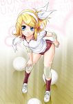  arm_support ball bandage bandages bandaid blonde_hair blue_eyes buruma elbow_pads full_body gym_uniform hair_ornament hair_ribbon hairband hairclip highres kagamine_rin kitano_tomotoshi knee_pads leaning_forward legs ribbon short_hair side_ponytail smile socks solo vocaloid 