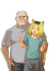  1boy 1girl :3 absurdres animal_ear_fluff animal_ears animal_tail baggy_pants bald blonde_hair cat_ears cat_girl cat_tail commentary_request double_v etsushimaru_yakuko fat fat_man highres multicolored_hair ootani_ouya pants roots_(hair) tail thick_neck v vvang_vvang_mon white_backgrund yani_neko 