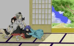  absurdres barefoot book hat highres inubashiri_momiji kawashiro_nitori multiple_girls pasteltel reading sasakame_(pasteltel) shameimaru_aya sleeping touhou 