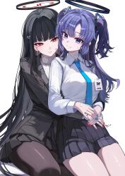  2girls :d absurdres badge bandaged_hand bandages black_hair black_jacket black_skirt blazer blue_archive blue_eyes blue_hair blue_nails blue_necktie bright_pupils collared_shirt commentary grin hair_ornament halo heart heart_sticker highres hug hug_from_behind jacket kkato long_hair long_sleeves looking_at_viewer mechanical_halo millennium_science_school_logo miniskirt multiple_girls necktie pantyhose parted_lips pleated_skirt red_eyes red_nails red_pupils ribbed_sweater ringed_eyes rio_(blue_archive) school_uniform shirt signature simple_background sitting skirt smile sticker sticker_on_face sweater triangle_hair_ornament turtleneck turtleneck_sweater two_side_up untranslatable_commentary very_long_hair white_background white_pupils white_shirt white_sweater yuuka_(blue_archive) 