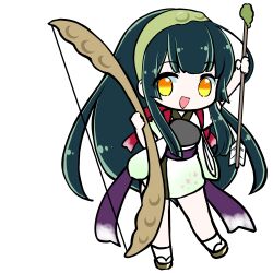  1girl :d absurdres arrow_(projectile) bow_(weapon) chibi chibi_only edomura_niniko full_body green_hair green_hairband green_kimono hairband highres holding holding_arrow holding_bow_(weapon) holding_weapon japanese_clothes kimono long_hair looking_at_viewer obi official_art okobo open_mouth platform_sandals purple_sash sandals sash second-party_source short_sleeves simple_background smile socks solo standing tabi touhoku_zunko transparent_background very_long_hair voiceroid weapon white_socks yellow_eyes 