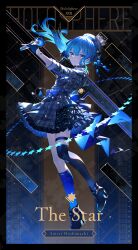  1girl absurdres ankle_boots beret black_boots blue_choker blue_eyes blue_hair blue_socks boots bracelet card_(medium) character_name choker commentary_request crown dress full_body gloves grey_hat hair_between_eyes hat high_heel_boots high_heels highres holding holding_microphone hololive hoshimachi_suisei hoshimachi_suisei_(1st_costume) ishihara_(kuniyoshi) jewelry kneehighs layered_skirt looking_at_viewer microphone mini_crown partially_fingerless_gloves plaid_hat ribbon serious short_dress side_ponytail single_thighhigh skirt socks solo star_(symbol) star_bracelet star_choker star_in_eye symbol_in_eye tarot tarot_(medium) the_star_(tarot) thigh-highs thigh_strap virtual_youtuber 