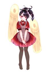  1girl \||/ absurdres ahoge apron blunt_bangs brown_apron brown_hair brown_pantyhose closed_mouth dress edomura_niniko frilled_apron frilled_sleeves frills full_body headgear highres incredibly_absurdres kiritanpo_(food) long_hair looking_at_viewer no_shoes official_art pantyhose ponytail red_dress second-party_source short_sleeves simple_background solo standing touhoku_kiritan transparent_background voiceroid 