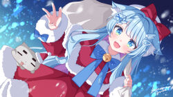  1girl :3 animal_ear_fluff animal_ears artist_name bag bag_behind_back bell blue_background blue_bow blue_eyes blue_hair bow character_request commentary_request copyright_request creature dress dutch_angle fur-trimmed_dress fur_trim gradient_background hair_ornament hairclip hat holding holding_bag jingle_bell long_sleeves looking_at_viewer moekaki426 multiple_hairclips neck_bell open_mouth red_bow red_dress santa_costume santa_dress virtual_youtuber white_bag white_hat 