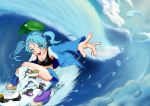  absurdres blue_eyes blue_hair breasts cap cleavage crop_top foreshortening futuristic hair_bobbles hair_ornament hat highres jacket kawashiro_nitori nito_koma open_clothes open_jacket science_fiction short_hair solo surfboard surfing tank_top touhou twintails water waves 