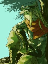  1boy armor blonde_hair blue_eyes boots commentary_request gloves goggles goggles_on_headwear green_tunic hat hat_feather long_hair male_focus mercury9 outdoors pants ranger_(sekaiju) ranger_1_(sekaiju) red_scarf scarf sekaiju_no_meikyuu sekaiju_no_meikyuu_1 sitting sitting_on_branch solo tree tunic 