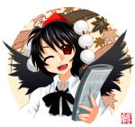  bakufu black_hair fuu_(futian) hat red_eyes shameimaru_aya touhou wings wink 