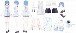  1girl :< backless_dress backless_outfit bag black_bow black_culottes black_ribbon black_shoes blue_bag blue_eyes blue_hair blue_nails blue_ribbon blush bow braid cardigan chibi chibi_inset closed_eyes commentary_request criss-cross_straps crop_top cropped_shirt culottes dress floral_print floral_print_dress flower_hairclip gem hair_intakes hair_ornament hairclip handbag highres jewelry kokonami_iruka lace_dress loafers looking_at_viewer low_twin_braids misumi_(macaroni) mole mole_under_mouth nail_polish necklace nijisanji official_art open_cardigan open_clothes pearl penny_loafers polka_dot print_dress reference_sheet ribbed_cardigan ribbon see-through_clothes see-through_dress shirt shoes short_dress short_hair shorts_under_dress shoulder_bag single_off_shoulder sleeveless sleeveless_dress sleeves_past_wrists striped_clothes twin_braids vertical-striped_clothes watch watch white_cardigan white_dress white_shirt 