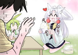  1boy 2girls animal_ears barefoot black_hair blush_stickers bowl closed_eyes commentary_request eating fox_ears fox_girl full_body green_hair hair_bobbles hair_ornament high_ponytail highres japanese_clothes kimono long_hair multiple_girls open_mouth ponytail rice rice_bowl shamoji short_hair smile table touhoku_itako trembling utau very_long_hair violettebrise voiceroid voicevox white_hair white_kimono zundamon 