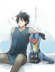  black_hair blush gen_(pokemon) lucario nintendo pokemon 