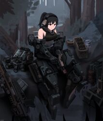  1girl absurdres anti-materiel_rifle armored_collar backpack bag black_hair cocking_gun combat_helmet cqcnorthfish cyborg fog forest glock gun handgun headphones helmet highres holster mecha_musume mechanical_arms mechanical_legs midriff military nature night_vision_device no_feet on_log original outdoors ponytail radio radio_antenna red_dot_sight red_eyes rifle scar scar_on_arm sitting sleeveless sniper_rifle solo tactical_clothes unworn_backpack unworn_bag weapon 