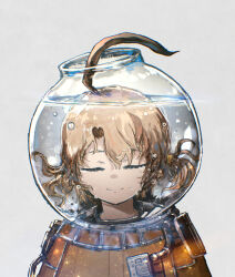  1girl absurdres advarcher ahoge brown_hair closed_eyes closed_mouth commentary facing_viewer fishbowl fishbowl_helmet gigi_murin helmet highres hololive hololive_english huge_ahoge multicolored_hair short_hair simple_background smile solo spacesuit upper_body virtual_youtuber water 