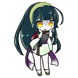  1girl absurdres chibi chibi_only edomura_niniko full_body green_hair green_hairband green_kimono hairband hands_on_own_cheeks hands_on_own_face highres japanese_clothes kimono long_hair nervous_sweating obi official_art okobo platform_sandals purple_sash sandals sash second-party_source short_sleeves simple_background socks solo standing sweat touhoku_zunko transparent_background turn_pale very_long_hair voiceroid white_socks yellow_eyes 