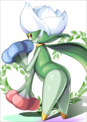  1girl blue_flower blue_rose closed_mouth commentary_request eye_mask flower from_behind full_body highres mask masquerade_mask monster_girl mtd_(matidappp) no_humans plant_girl pokemon pokemon_(creature) pokemon_focus red_eyes red_flower red_rose rose roserade smile solo white_hair 