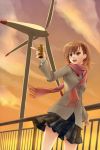  brown_hair can cloud coat coffee drink dutch_angle from_below highres misaka_mikoto plaid plaid_skirt pleated_skirt pointing railing scarf school_uniform short_hair skirt sky smile solo sunset tartan to_aru_kagaku_no_railgun to_aru_majutsu_no_index wind_turbine windmill yuuki_hide 