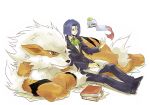  1boy alternate_costume arcanine blue_hair book chimecho cravat kojirou_(pokemon) male paper pokemon pokemon_(anime) pokemon_(creature) simple_background solo usao_(313131) white_background writing 