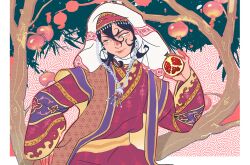 1girl absurdres black_hair branch bright_pupils chl1519083 colored_fingertips colorful facepaint food fruit fruit_tree green_eyes hair_between_eyes henna highres hijab holding holding_food holding_fruit iranian_clothes jewelry lipstick looking_to_the_side makeup multicolored_eyes outline pink_eyes pomegranate red_outline red_robe robe sitara sitting_on_branch sleeves_past_wrists smile solo tan tenmaku_no_jaadugar tree two-tone_eyes wavy_hair white_hijab white_pupils 