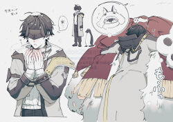  >_< 1boy ahoge arknights arknights:_endfield artist_name baggy_pants beak bird black_boots black_hair black_mask black_pants blush blush_stickers boots closed_mouth commentary_request covered_eyes cowboy_shot endministrator_(arknights) eye_mask facing_viewer fingernails flying_sweatdrops from_behind full_body grey_jacket hands_up heavy_breathing highres hug jacket long_sleeves male_endministrator_(arknights) male_focus mask multiple_views open_clothes open_jacket open_mouth pale_skin pants penguin puffy_long_sleeves puffy_sleeves short_hair simple_background smile snow snow_on_head snowing speech_bubble spoken_character standing sweater thought_bubble turtleneck turtleneck_sweater udon25tantan watermark white_background white_sweater 
