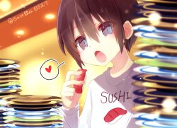  1girl black_hair blue_eyes clothes_writing commentary_request conveyor_belt_sushi eating fish_(food) food food_print hair_between_eyes heart holding holding_food indoors kino_(kino_no_tabi) kino_no_tabi long_sleeves nigirizushi open_mouth reverse_trap shirt short_hair solo souku_choshin sparkling_eyes spoken_heart sushi too_many twitter_username upper_body white_shirt 