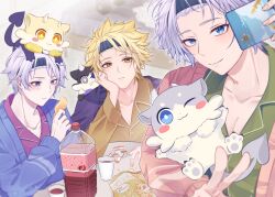  3boys alternate_costume animal animal_ears animal_nose animal_on_head animalization antenna_hair arm_up black_headband blonde_hair blue_cardigan blush blush_stickers bottle brown_shirt buttons cardigan cellphone chimera_(honkai:_star_rail) chips_(food) claws clenched_hand closed_mouth collarbone commentary_request creature cup diamond-shaped_pupils diamond_(shape) eating fingernails fins fish_tail food green_shirt grey_eyes grey_fur grey_hair hand_on_own_face hand_up headband heterochromia highres holding holding_animal holding_phone honkai:_star_rail honkai_(series) horns indoors juice lapels long_sleeves looking_at_food looking_at_viewer male_focus mororo1357 multiple_boys multiple_persona on_head one_eye_closed open_cardigan open_clothes otter_ears person_and_animalization phainon_(flame_reaver)_(honkai:_star_rail) phainon_(honkai:_star_rail) phainon_(khaslana)_(honkai:_star_rail) phainon_(vigethos)_(honkai:_star_rail) phone pink_cardigan puffy_long_sleeves puffy_sleeves purple_cardigan purple_fur purple_shirt shadow shark_tail shirt short_hair smartphone smile symbol-shaped_pupils table tail taking_picture two-tone_fur v white_fur yellow_eyes yellow_fur yellow_pupils 