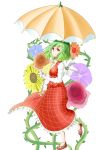  bad_id flower green_hair highres kazami_yuuka long_skirt plaid plaid_skirt plaid_vest red_eyes rose short_hair skirt skirt_set solo sunflower tafks tartan thorns touhou umbrella vines 