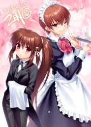  1boy 1girl ;) alternate_costume apron back-to-back back_bow bell black_dress black_jacket black_pants black_suit blush bow bowtie brother_and_sister brown_hair butler closed_mouth collared_shirt commentary_request commission cowboy_shot crossdressing crossdressing_(mtf) dress enmaided eyes_visible_through_hair frilled_apron frills frown gloves hair_bell hair_between_eyes hair_ornament hair_ribbon hands_up holding holding_tray index_finger_raised jacket jingle_bell jpeg_artifacts juliet_sleeves little_busters! long_hair long_sleeves looking_at_viewer maid maid_apron maid_headdress natsume_kyousuke natsume_rin one_eye_closed pants pink_background pink_bow pink_bowtie ponytail puffy_sleeves red_eyes ribbon shirt short_hair siblings sidelocks simple_background skeb_commission smile suit suit_jacket tareme teapot tray tsurime v-shaped_eyebrows very_long_hair white_apron white_bow white_gloves white_ribbon white_shirt zen_(kamuro) zoom_layer 