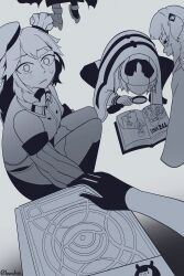  absurdres ao-chan_(ninomae_ina'nis) belt blush book buruhas cape chef_hat deerstalker earrings feathers gawr_gura gloves greyscale hairband hat highres hololive hololive_english hood hoodie jewelry long_hair magnifying_glass mini_chef_hat mini_hat monochrome monocle mori_calliope multiple_girls ninomae_ina'nis open_mouth shoes smol_ina sniper_(tf2) spy_(tf2) squatting sweat takanashi_kiara virtual_youtuber watson_amelia 