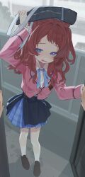  1boy 1girl bag_on_head blue_eyes commentary_request doorway gakuen_idolmaster hanami_saki hatsuboshi_gakuen_school_uniform highres idolmaster long_hair looking_at_viewer open_mouth pov rain red_hair school_uniform skirt solo_focus wet wet_clothes wet_hair yuusuke_(yyy_xp) 