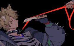  1boy 1other animal_ear_fluff animal_ears black_background black_collar black_hands blonde_hair collar colored_extremities curtained_hair down_jacket earrings eyeliner fangs fate/grand_order fate_(series) fingernails from_side grey_jacket grey_shirt hair_between_eyes hand_up holding holding_knife holding_leash hyde_(fate) hyde_(halloween_2026)_(fate) jacket jekyll_and_hyde_(fate) jewelry knife layered_shirt leash long_fingernails long_sleeves looking_at_another makeup male_focus michiru_(amphibian) open_clothes open_jacket out_of_frame parted_bangs parted_lips profile puffy_long_sleeves puffy_sleeves purple_shirt red_eyeliner red_eyes red_nails shirt short_hair simple_background solo_focus spiked_collar spiked_jacket spikes torn_clothes torn_shirt upper_body wolf_boy wolf_ears 